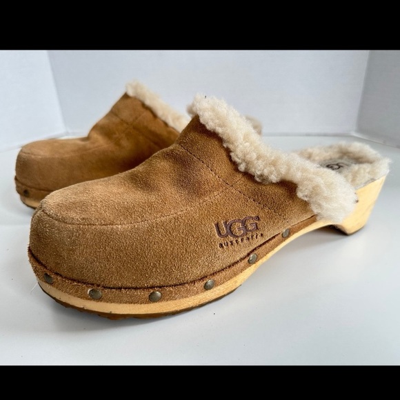 Vintage Y2K UGG Kalie Chestnut Suede Sheepskin Lined Wood Sole Clogs 5426 size 8 - Picture 3 of 8